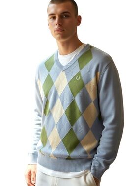 Fred Perry Light Blue/Green/Cream Argyle V-Neck Cotton Sweater (XL)